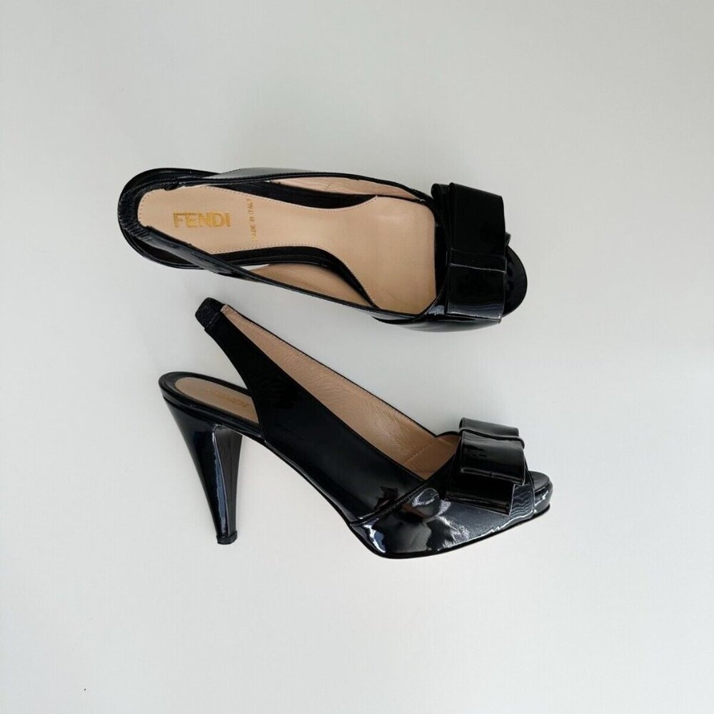 FENDI Women's Black Patent Leather Bow Platform Slingback Pumps Size 36.5 US 6.5
